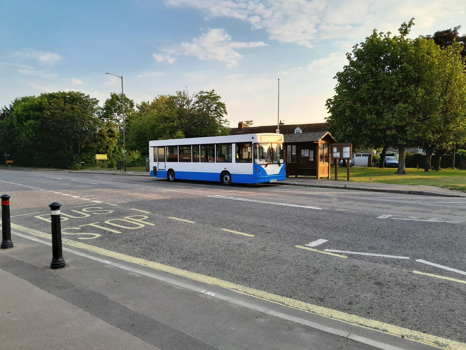 Blue and white bus at a bus stop on a road lined with trees in the evening light