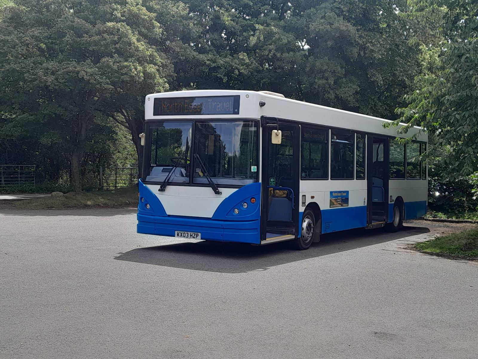 Blue and white single-decker bus parked on tarmac under trees