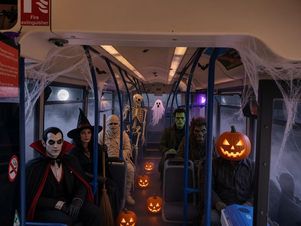 Inside the bus, a spooky Halloween crowd of passengers: a vampire, a witch, a mummy, a skeleton, a ghost, Frankenstein's monster, a werewolf and a pumpkin-headed figure, with cobwebs and jack-o'-lanterns in the aisle