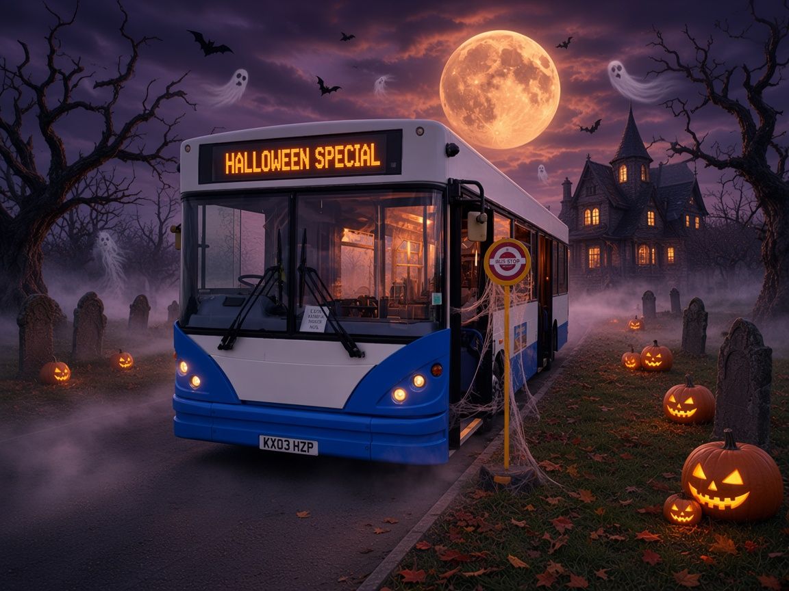 A blue and white bus, registration KX03 HZP, showing 'HALLOWEEN SPECIAL' on its destination display, parked at a misty bus stop beneath a full moon with a haunted house, gravestones and glowing pumpkins behind it