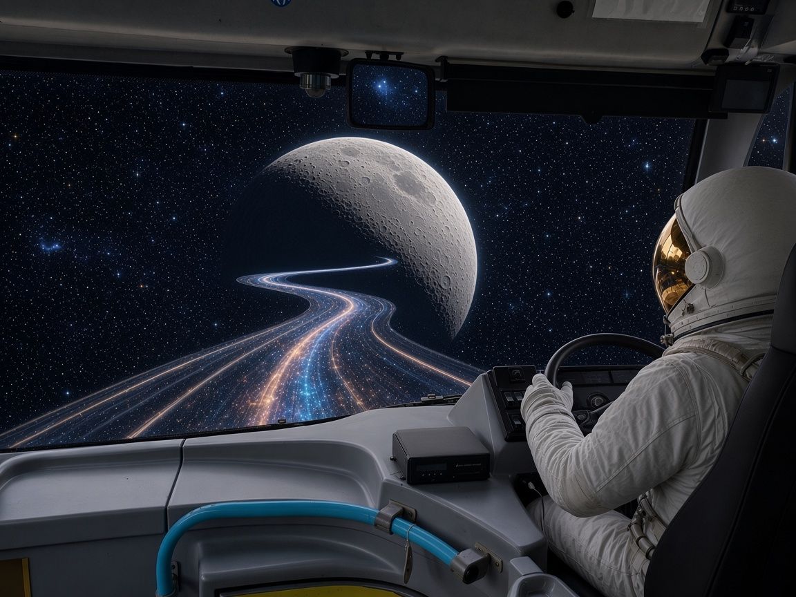 An astronaut driving a bus towards the Moon